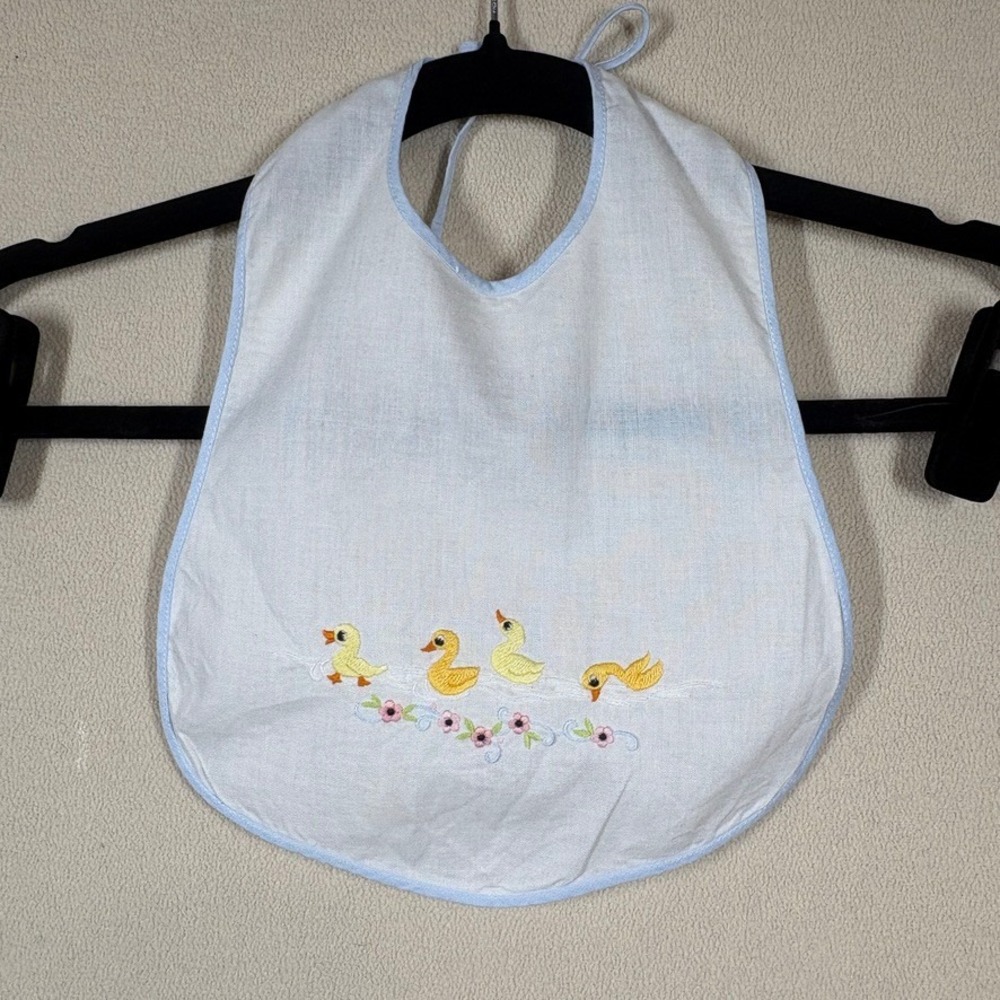 Vintage Baby Bib Embroidered Yellow Ducks Pink Flowers Blue Trim Tie Back White